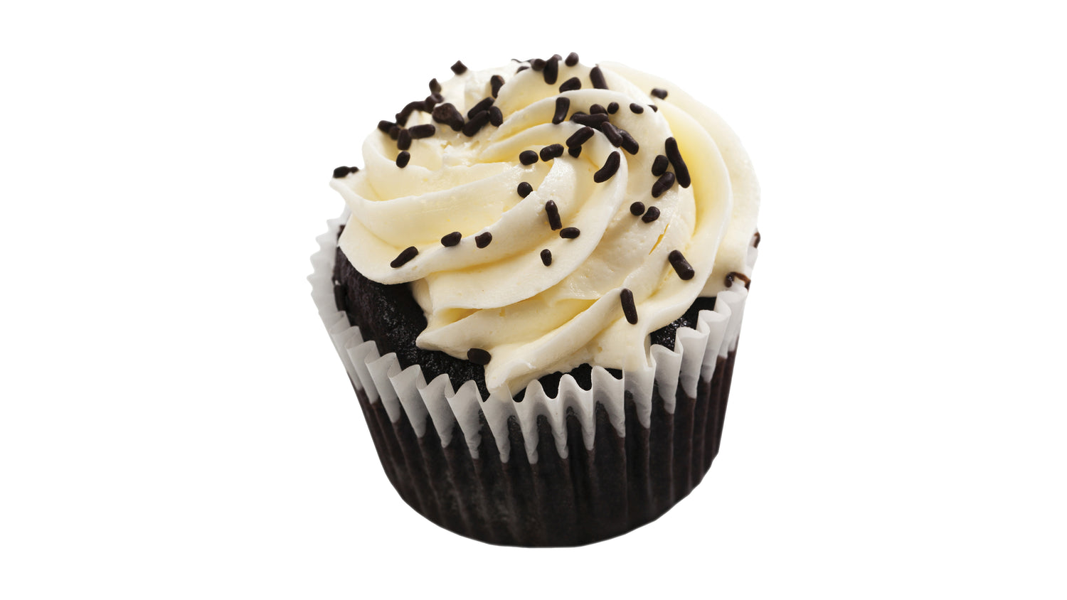 A chocolate cupcake with white swirled frosting, topped with chocolate sprinkles, in a white paper liner, isolated on a white background.
