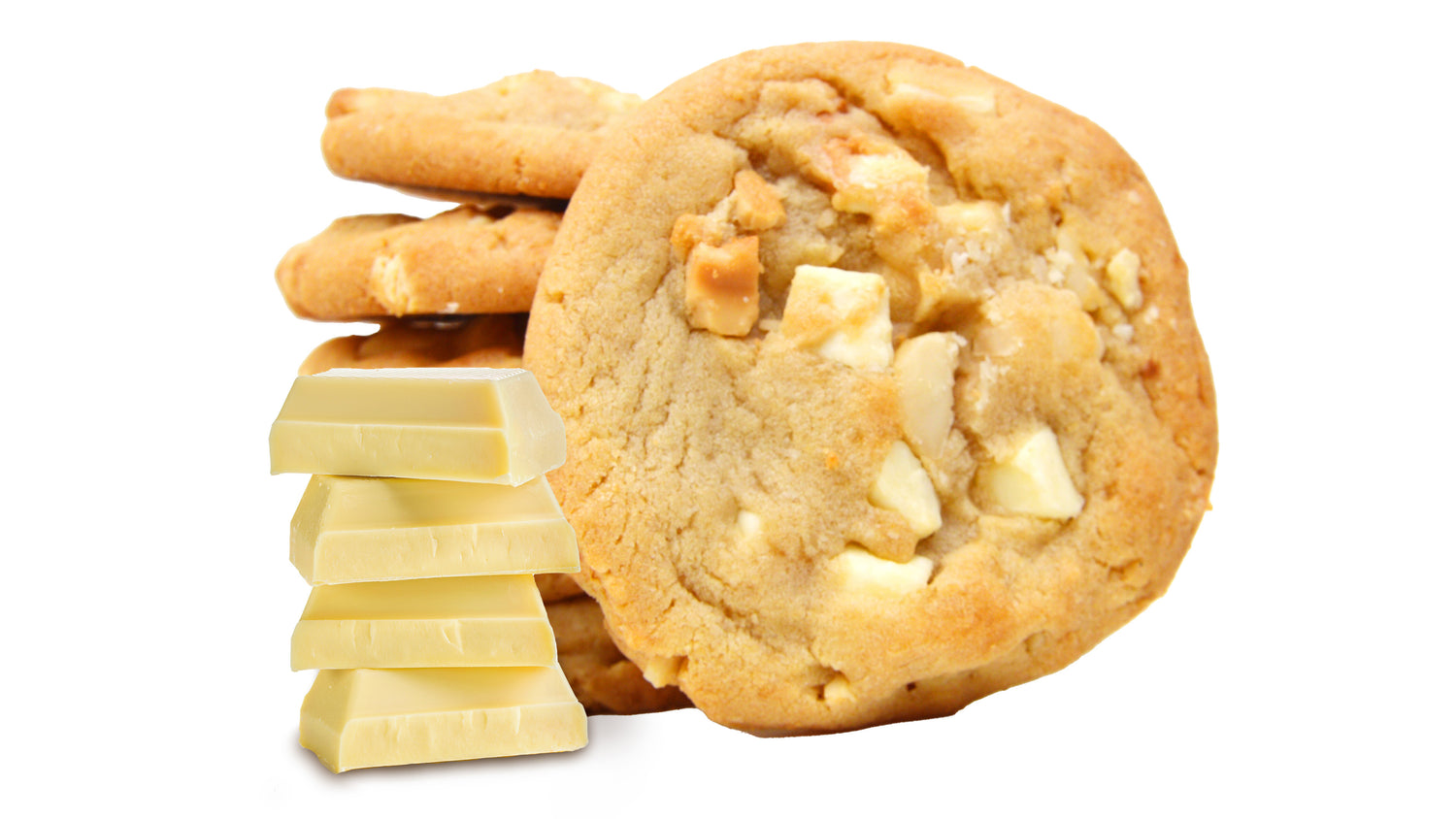 A stack of white chocolate pieces is placed in front of several white chocolate chip cookies, all on a white background.
