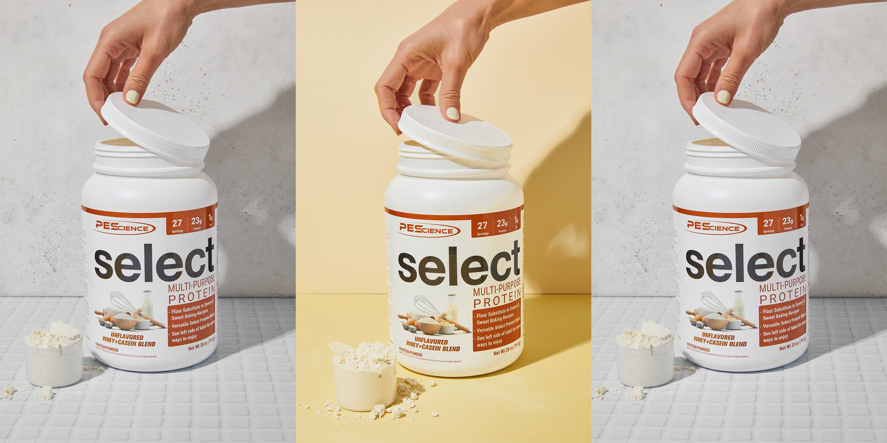 A hand opens a white container of PEScience Select Multi-Purpose Protein, with a scoop of protein powder beside it. The image is repeated three times with different backgrounds: white, yellow, and gray.