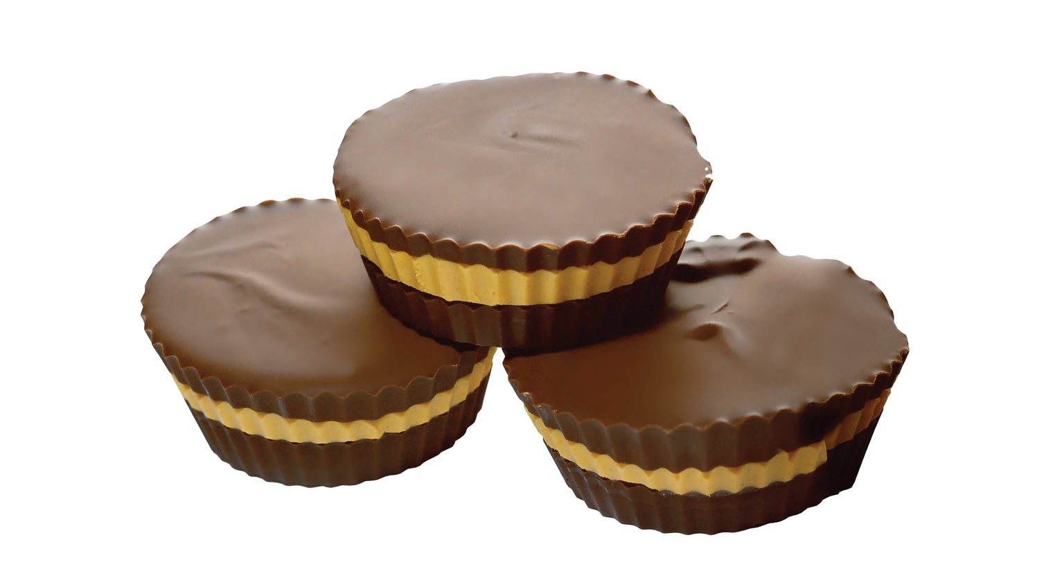 Three chocolate peanut butter cups with a visible peanut butter layer in the middle, arranged closely together on a white background.