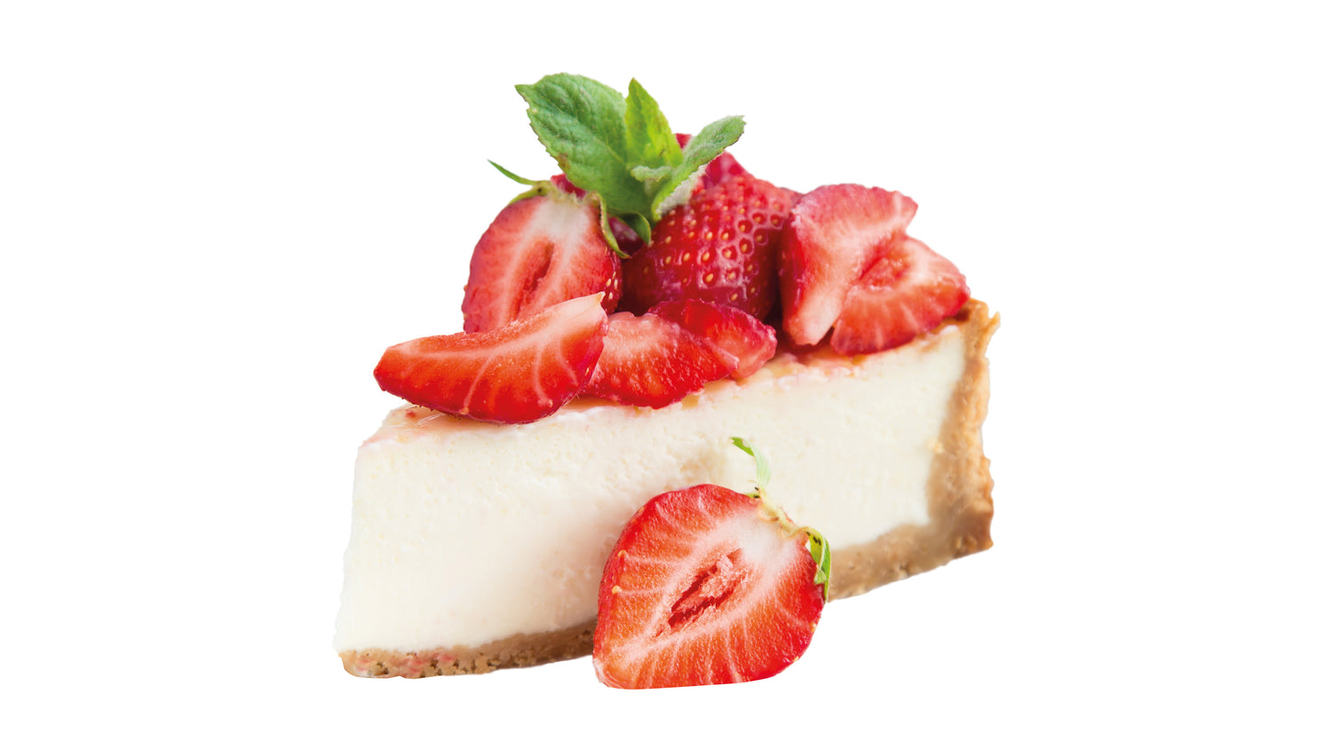 A slice of cheesecake topped with fresh, sliced strawberries and a sprig of mint, isolated on a white background.