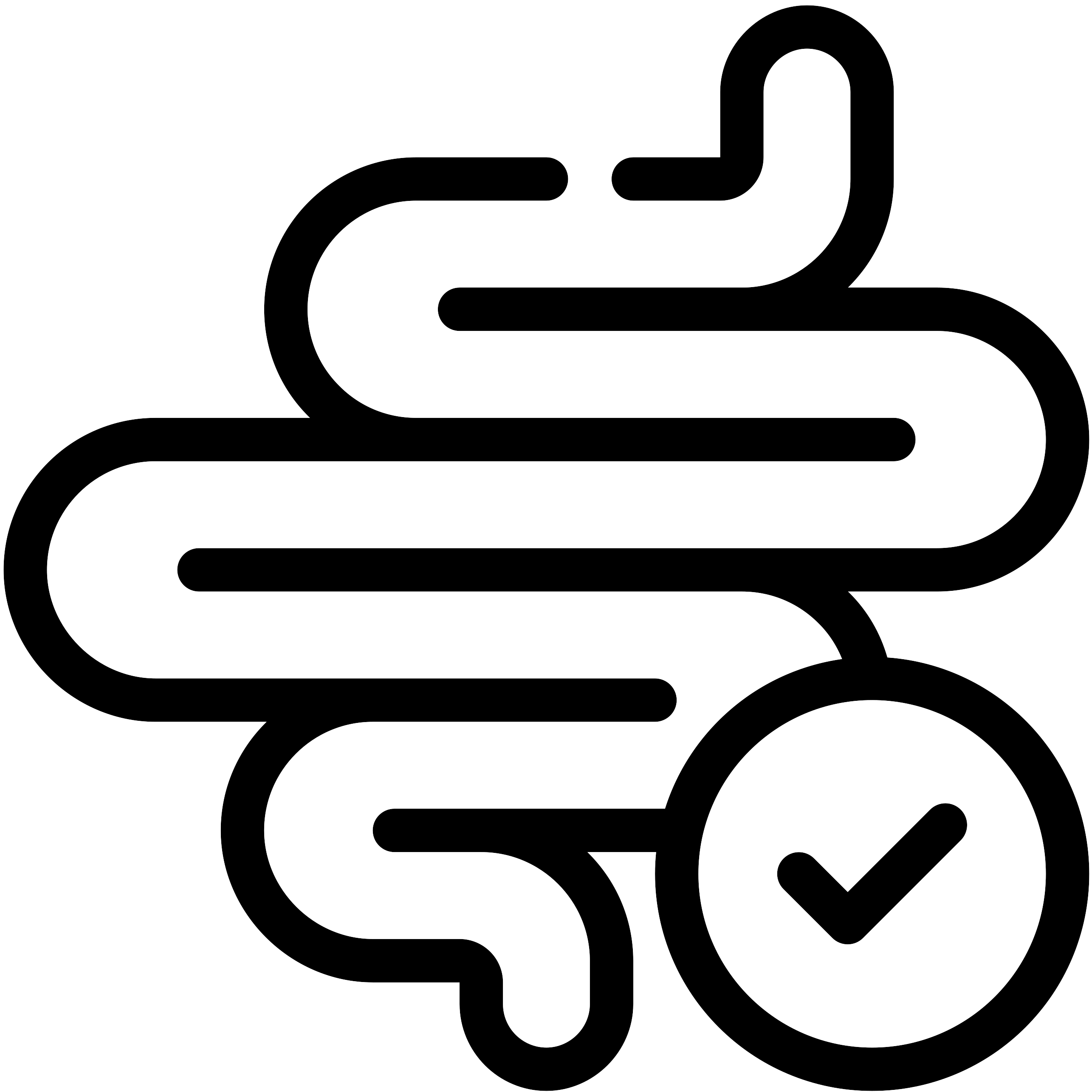 A maze-like black line drawing with a circular path leads to a large circle in the bottom right, containing a checkmark, representing solving or completing the maze.