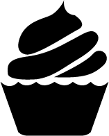 Black and white silhouette of a cupcake with a swirled frosting design on top and a ridged cupcake liner at the bottom.